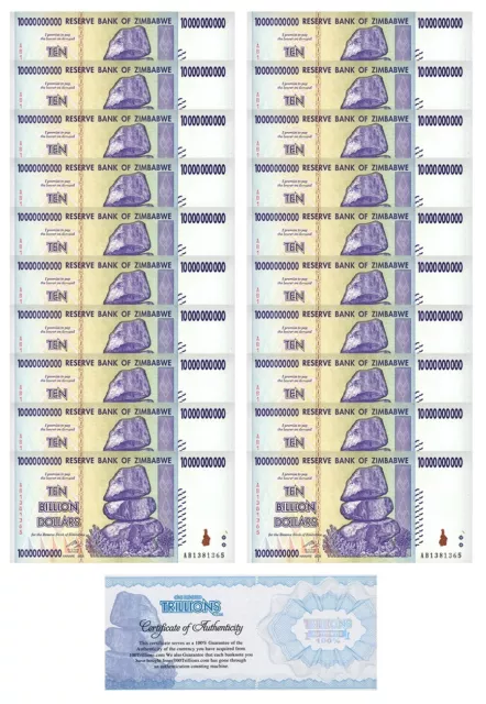 20 Zimbabwe 10 Billion banknotes 2008, P-85 CIRC bundle CoA  Authentic trillion