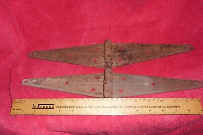 Pair of Antique Ribbed Rusty Rustic Vintage Barn Strap Hinges, 3" x 16"
