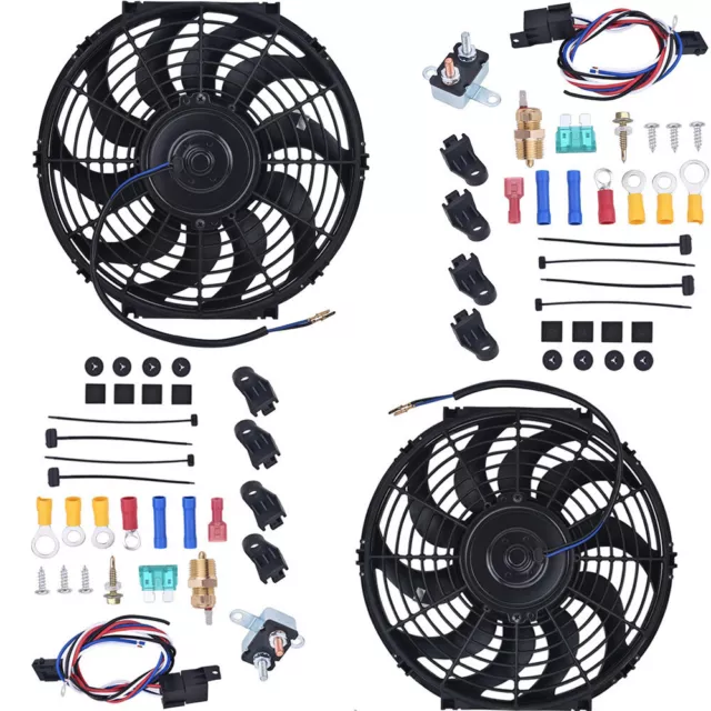 Dual 12" Inch Universal Electric Radiator Cooling Fan&Thermostat Mount Kit Black