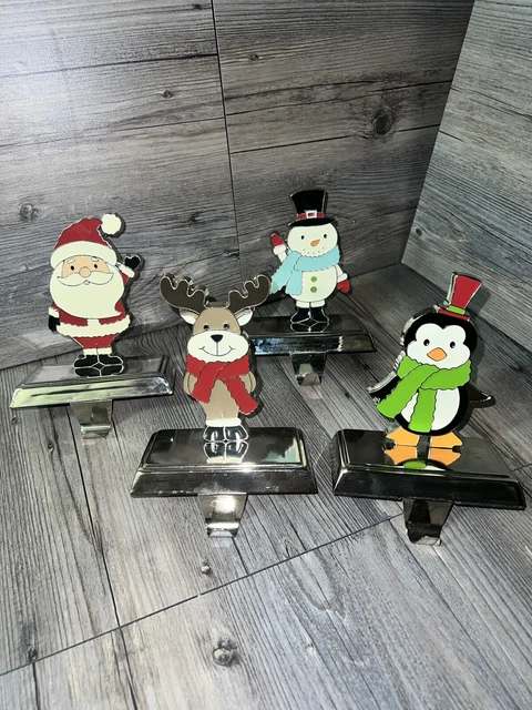 Christmas Enamel Stocking Holders with Chrome Base Hooks Set of 4 Santa reindeer
