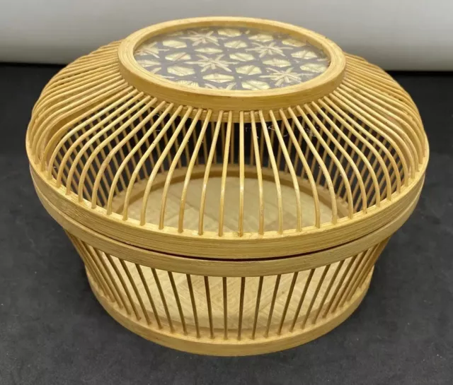 Vintage Asian Woven Bamboo Ratan Wicker Lucky Cricket Cage Basket Lid Boho 7”x 5