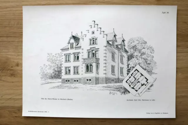 AR6) Architektur Mosbach Baden 1902 Villa Weiner Facade Grundriß Holzstich 26x36