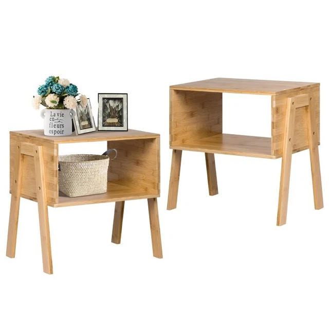 Set of 2 Bamboo Nightstands Stackable Sofa Table Bedside Table W/ Storage Shelf