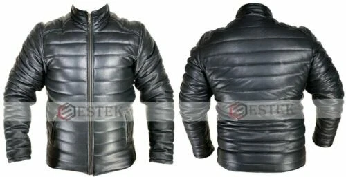 Men's 100% Real Black Lambskin Leather Quilted Zipped Puffer Casual Jacket