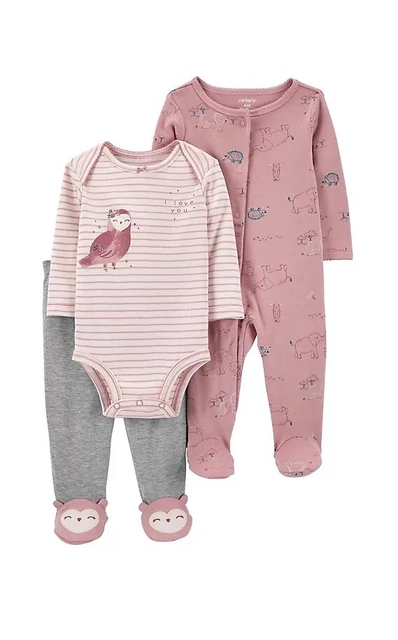 NWT carters baby 3 piece bodysuit set pink owls forest animals Size 3 Months