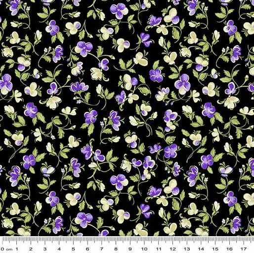 Fat Quarter - Accent on Pansies: Petite Pansies Black Cotton Fabric