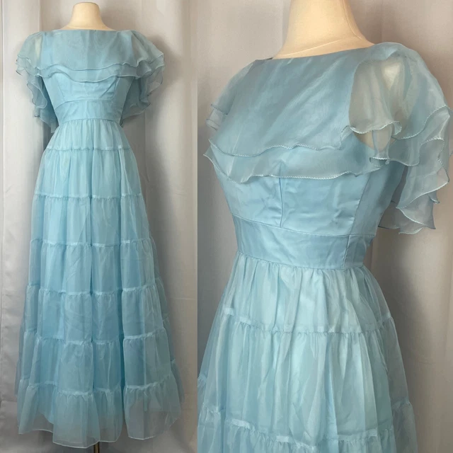 VINTAGE FORMAL DRESS Size XS Blue Tiered Ruffle Chiffon Prom Bridesmaid