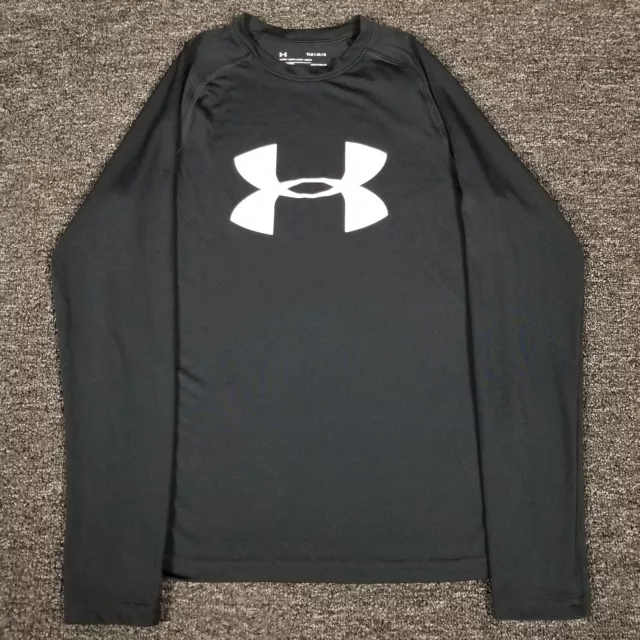 Under Armour Shirt Boys Large Black Heatgear Loose Fit Athletic Workout Gym Tee