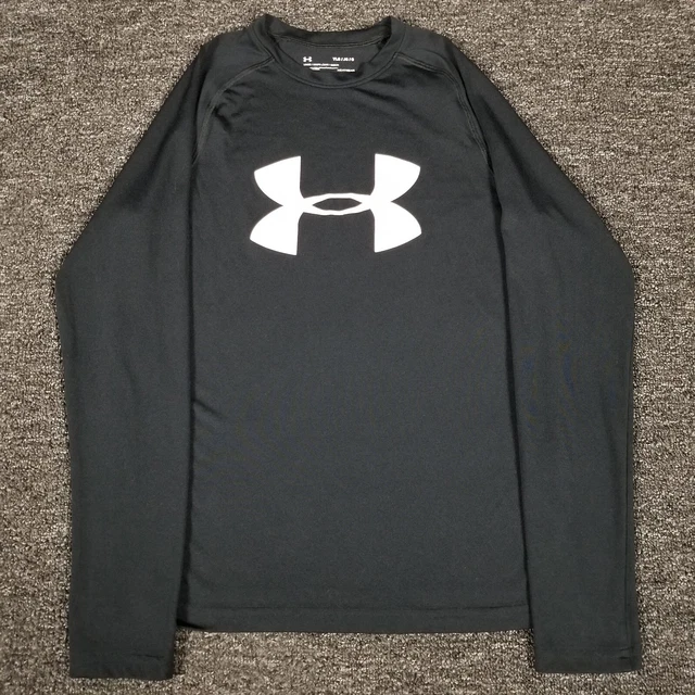 Under Armour Shirt Boys Large Black Heatgear Loose Fit Athletic Workout Gym Tee