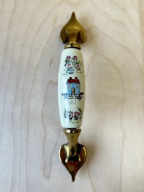 Vintage Painted Farm Scene Brass and Porcelain Drawer Pull Handle 3" C TO C KBC