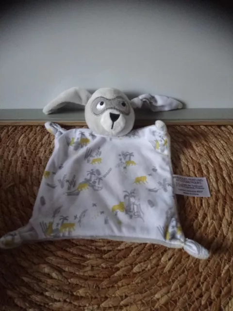 Doudou plat lapin masqué gris blanc jaune savane tigres Ikks + cadeau