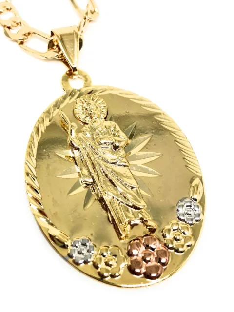 San Judas Tadeo Flores Medalla Gold P Saint Jude Pendant Flower Necklace 26"Oro