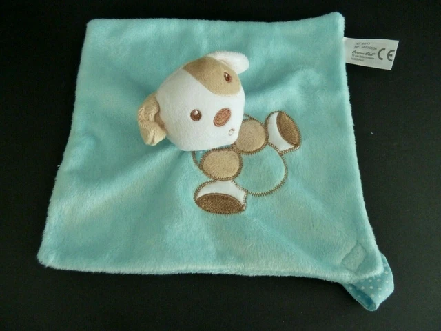 Ni1- DOUDOU PLAT CHIEN CARTOON CLUB BLEU BLANC BEIGE ATTACHE TETINE EXCELL ETAT