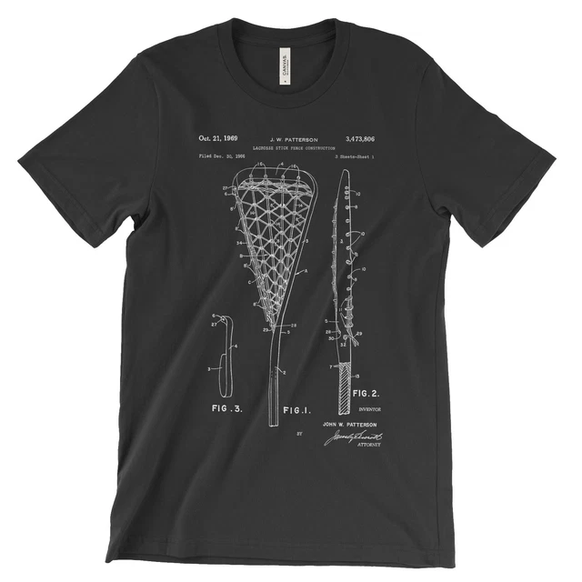 Lacrosse Patent T-Shirt.100% Cotton Soft Comfy Tee on Black White or Gray. NEW