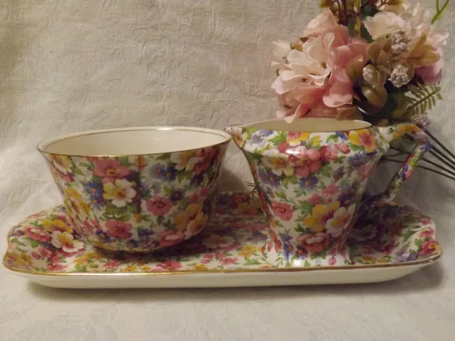 Pretty Vintage James Kent Du Barry Floral Chintz Sandwich Tray Cream Jug & Bowl