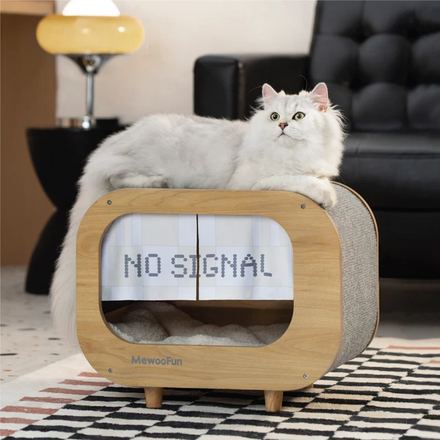Classic Wooden TV-Shaped Cat Bed, Cat House with Cushion, Grey