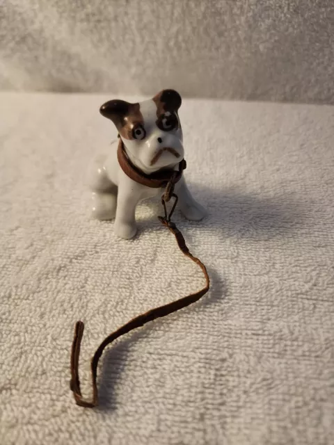 Vintage Porcelain Bulldog Figurine With Leather Leash Made in Japan