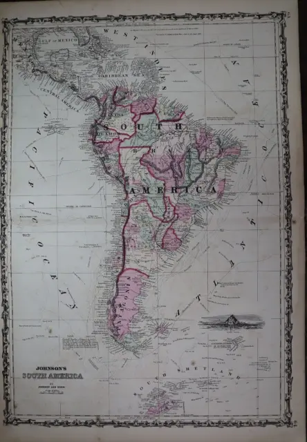 1862 Johnson's Atlas Map ~ SOUTH & CENTRAL AMERICA ~(XL18x28)   Free S&H  -#856