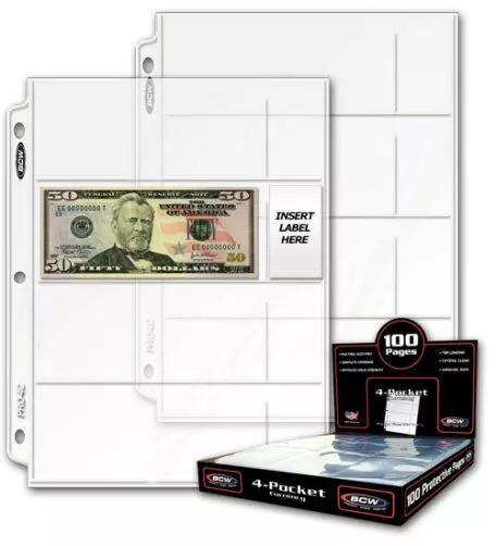 Box / 100 BCW Pro 4-Pocket Small Dollar Bill Currency Album Pages binder sheets