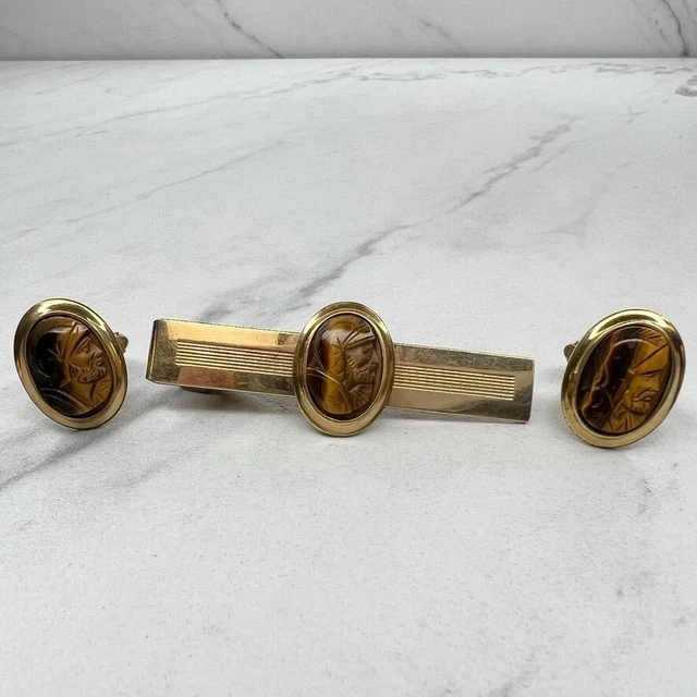 Anson Vintage Cameo 1/20 12K GF Gold Filled Tie Bar Clasp Clip and Cufflinks Set