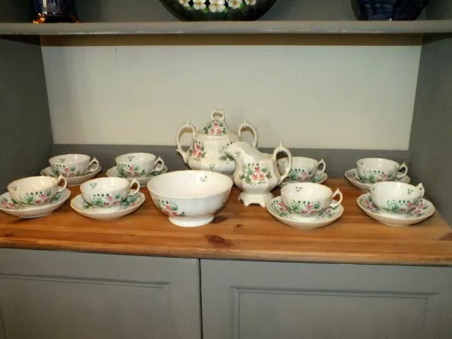 19 Piece Hand Painted Victorian Tea Set with Sucrier, Creamer and Slop Bowl