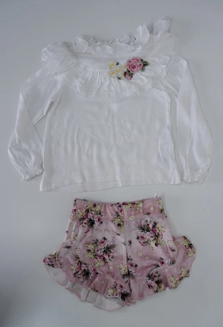Monnalisa Set Abbigliamento Ragazza Età 4 Anni Bianco Top Camicia Rosa Floreale Pantaloncini Velluto