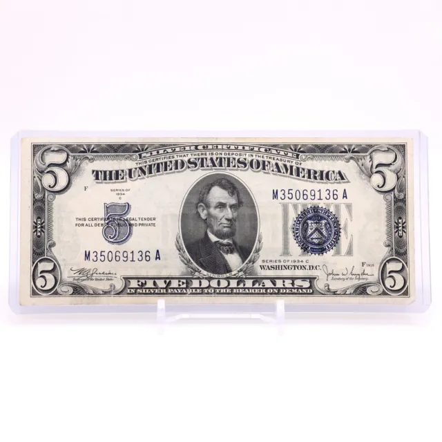 1934C $5 NICE AU Five Dollar US Silver Certificate BLUE SEAL F1653 Julian Snyder