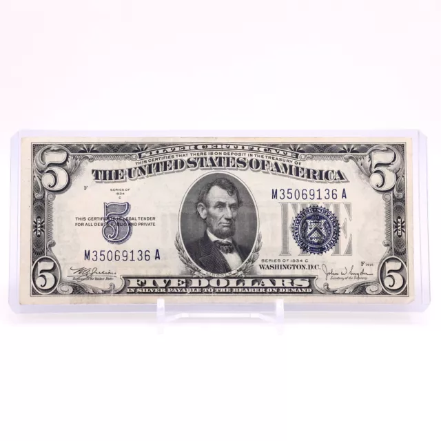 1934C $5 NICE AU Five Dollar US Silver Certificate BLUE SEAL F1653 Julian Snyder