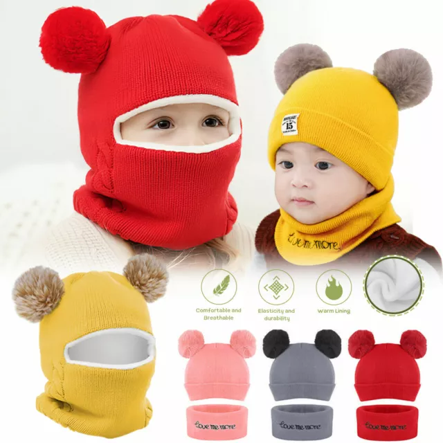 Winter Knit Crochet Cap Ear Hear Cover Warm Hat Scarf Set Baby Kids Boy Girls