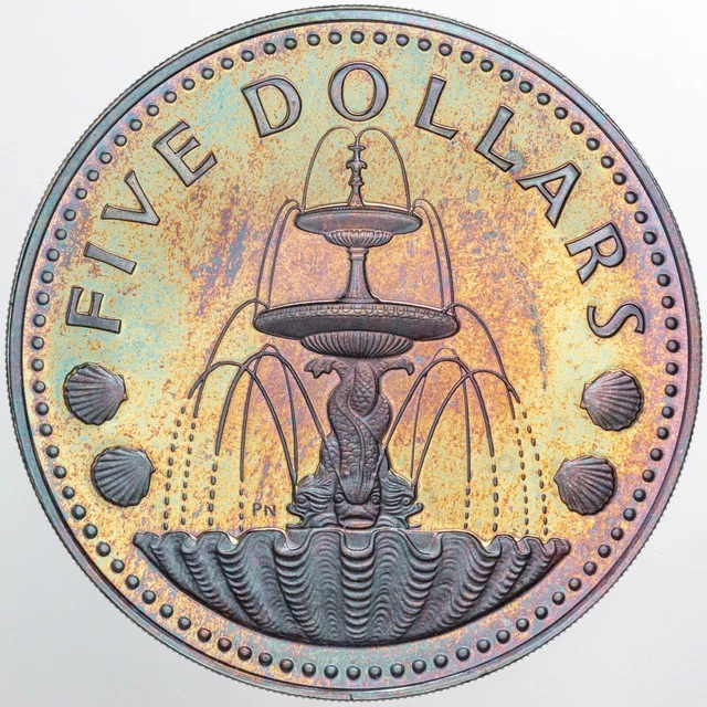 1973 Barbados 5 Dollars Silver Proof Color Unc Choice Toned Bu Rainbow (Dr)