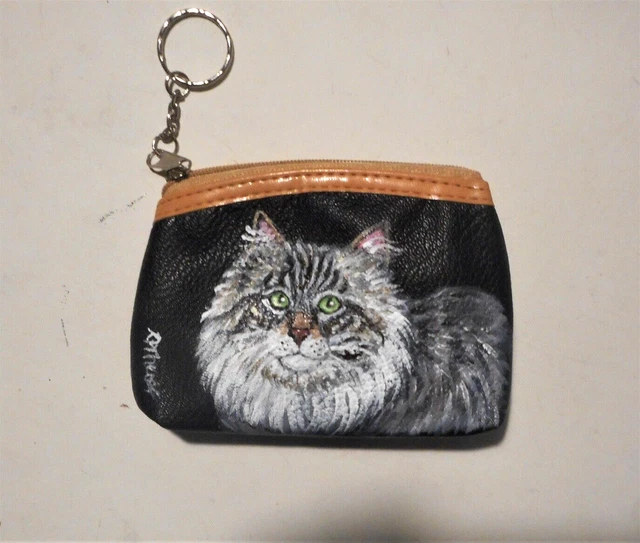 Norwegian Forest Cat Coin Purse with Key Chain Vegan Hand Painted