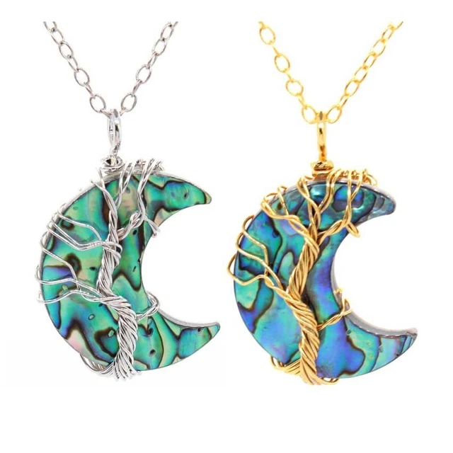 Natural Paua Abalone Shell Crescent Moon Wire Wrapped Tree Life Pendant Necklace