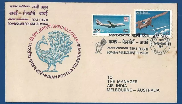 Bombay India Melbourne Australia 1980 Special First Cover Air India Flight India