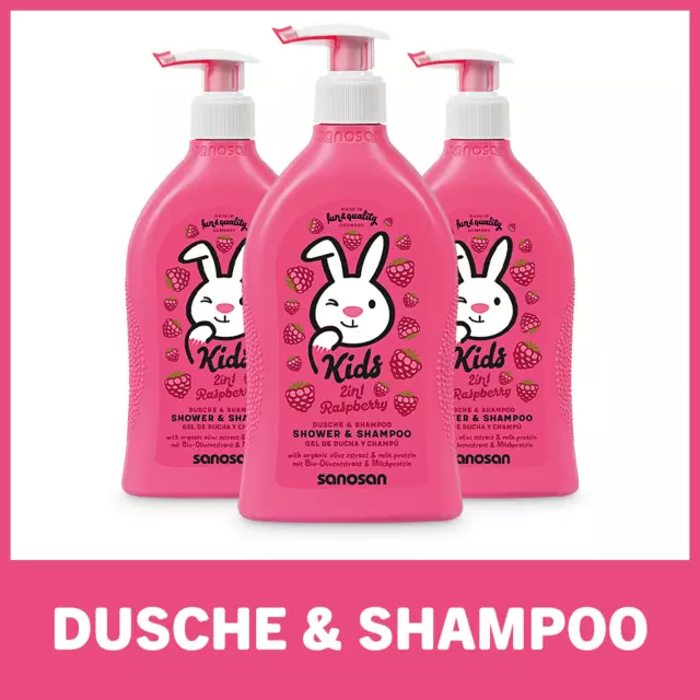 sanosan 2in1 Kinder Dusche & Shampoo Himbeere - 3er Pack Duschgel & Haarshampoo