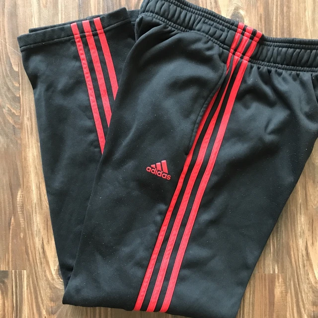 Adidas Track Jogging Pants Black W/ Red Stripes Tricot Logo Pockets Youth XL 18