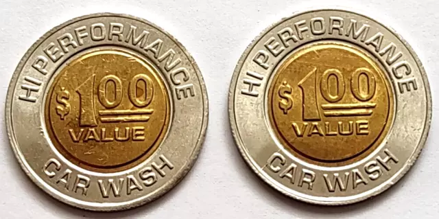 Token Lot Of 2 Car Wash Hi Performance  $1.00 Value Bimetallic .9375"