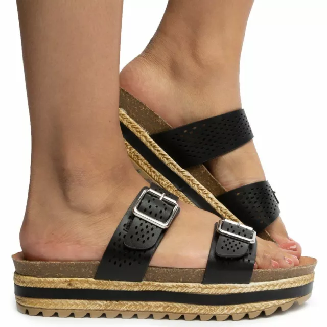 Womens Bamboo Platform flatform Black Two Strap buckle Slide Sandals Size 6.5