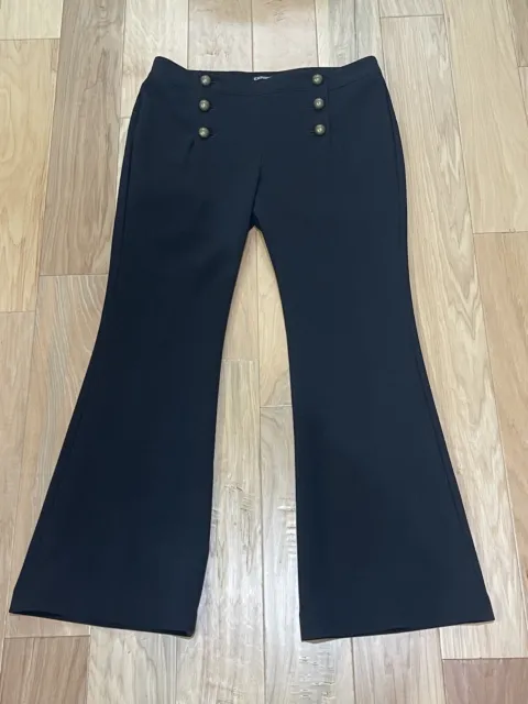 Women’s sz 12s Express Mid Rise Stretch Flare Sailor Pants Black w/ Gold Buttons