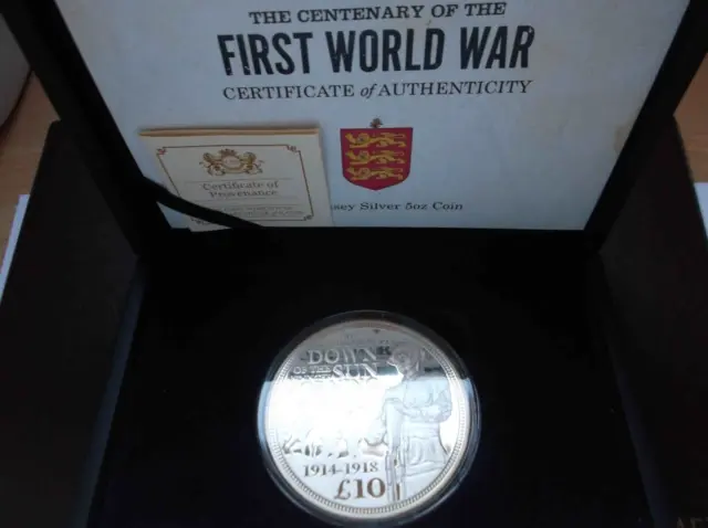 Guernsey: 2014 Silver proof 5oz £10 coin; 1st World War; cased; COA; FREE UK pp