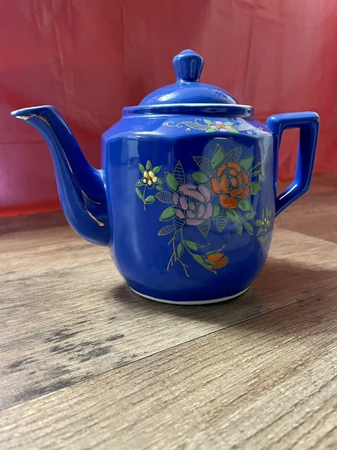 Vintage Hand Painted Ceramic Tea Pot Made In Japan With Lid Blue