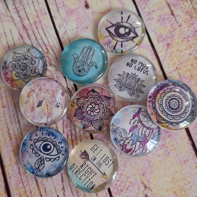 10 Boho Feather Hamsa Cabochons 16-25mm Mixed Round Glass Charm Dome Flat Back