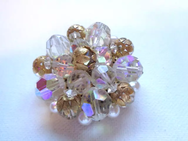 Vintage Gold Tone Capped Aurora Borealis Crystal Bead & Faux Pearl Brooch