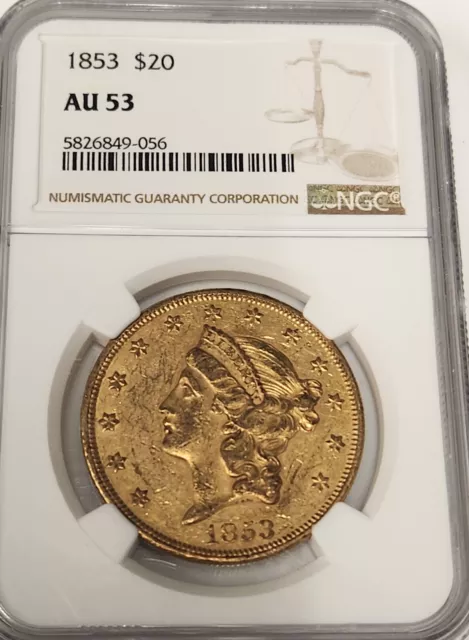 1853 $20 Liberty Head Double Eagle Type 1 Gold Coin NGC AU53