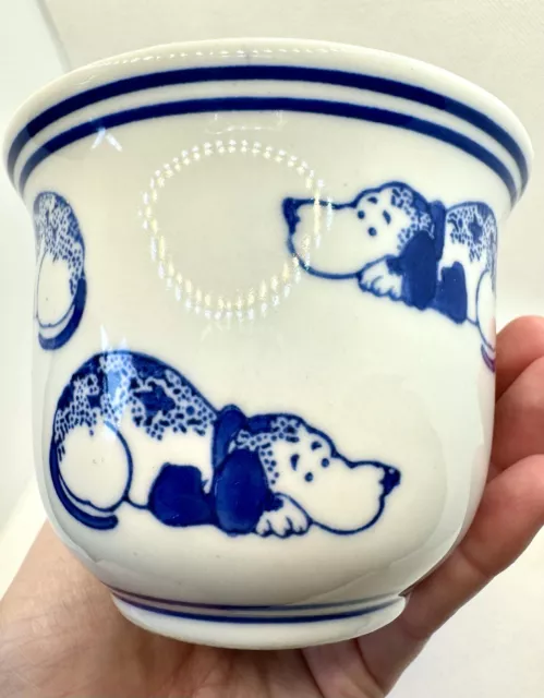 Very Cute Vintage Blue And White Porcelain Bowl With Dog Pattern 2