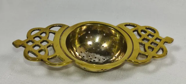 Vintage Solid Brass Over-Cup 2-Handled Tea Strainer Ornate Pierced Handles Party