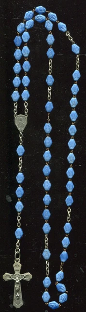 Vintage Blue Glass Bead Rosary Crucifix Sacred Heart Our Lady of Mt Carmel Medal