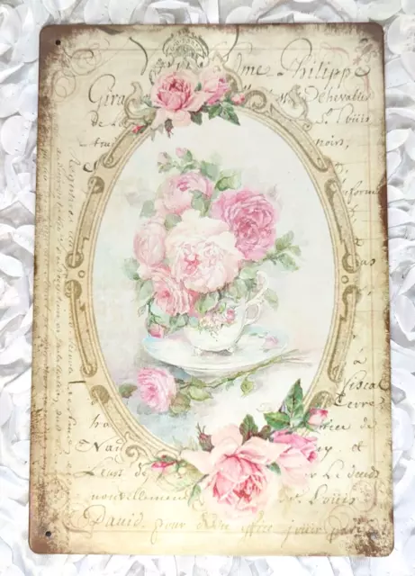 Shabby Chic Victorian Cottage Tea Cup Pink Roses Tin Sign Plaque Picture