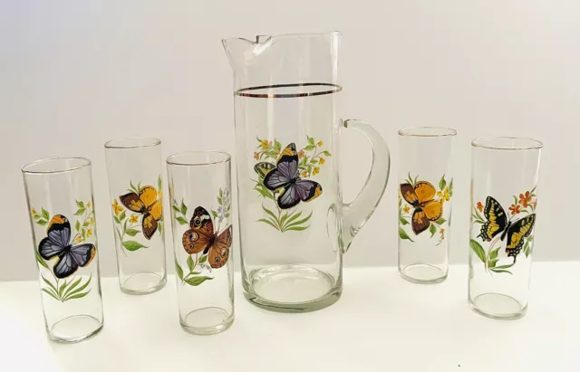 Vintage Butterfly Pitcher Glass Set West Virginia Glass Co 6 Pc Set 1960s  VGUC 