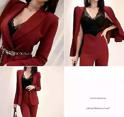 Tailleur completo donna rosso elegante giacca manica lunga pantalone 4868