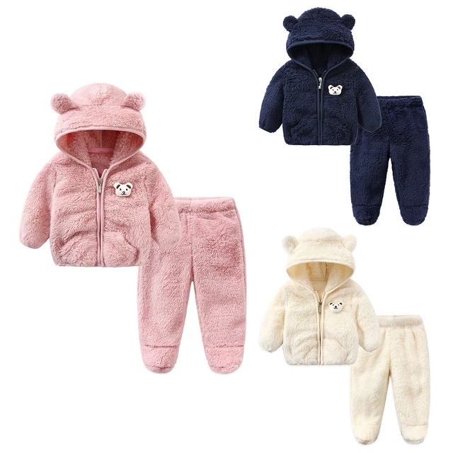 Baby Boys Girls Fleece Snowsuit Hooded Zipper Jacket Coat with Footed Trousers